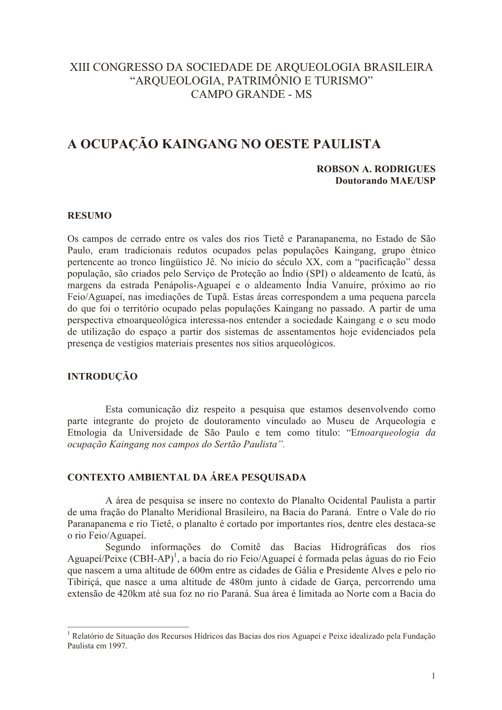 A Ocupação Kaingang No Oeste Paulista