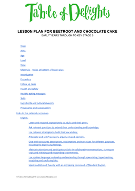 Lesson Plan for Beetroot and Chocolate Cake Early Years Through to Key Stage 3