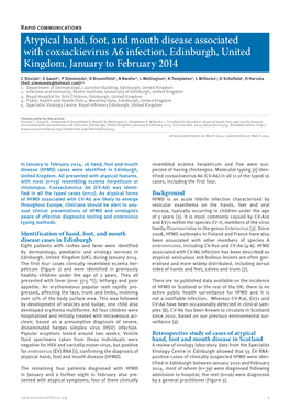 Atypical Hand, Foot, and Mouth Disease Associated with Coxsackievirus A6 Infection, Edinburgh, United Kingdom, January to February 2014