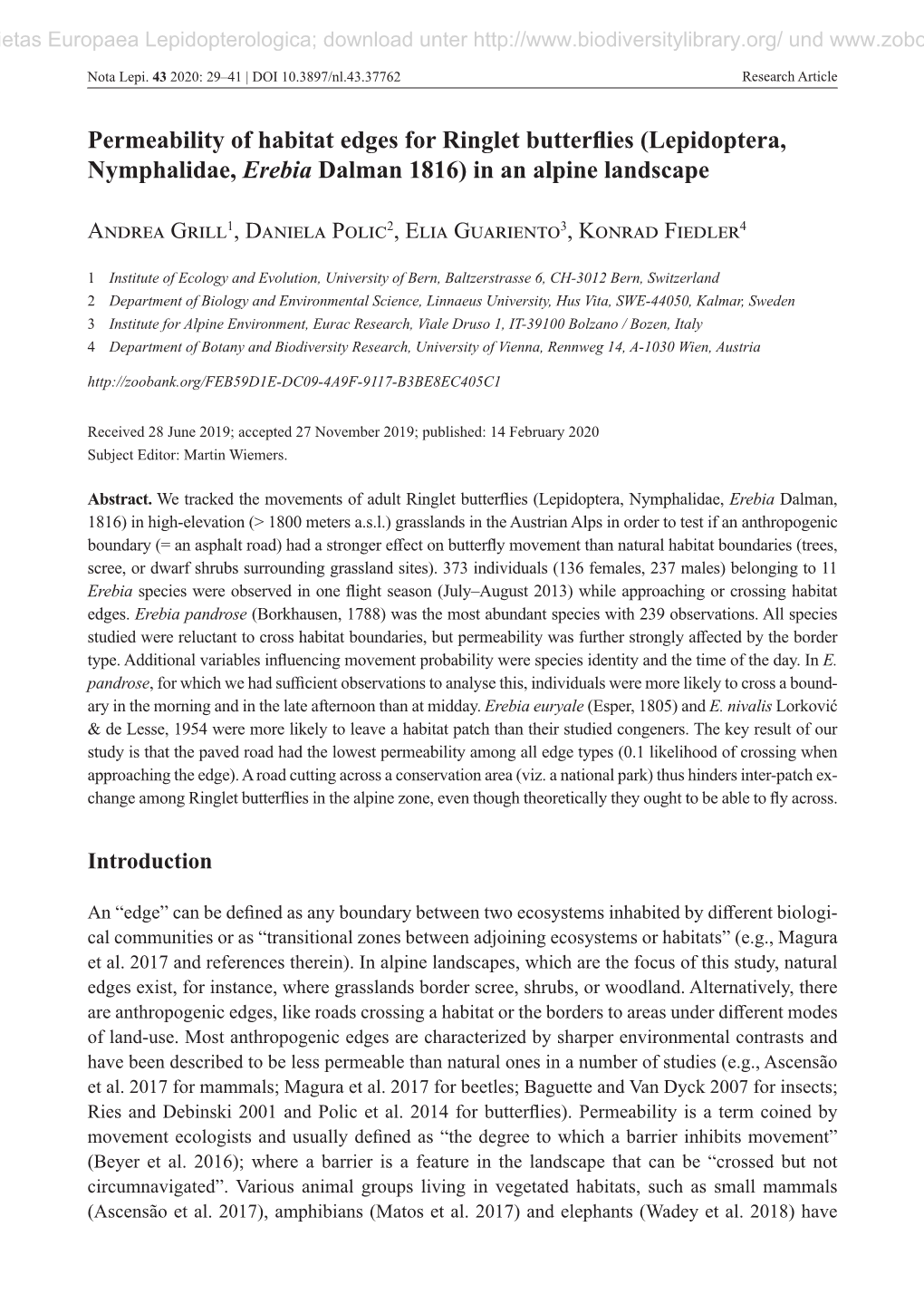 Permeability of Habitat Edges for Ringlet Butterflies (Lepidoptera, Nymphalidae, Erebia Dalman 1816) in an Alpine Landscape