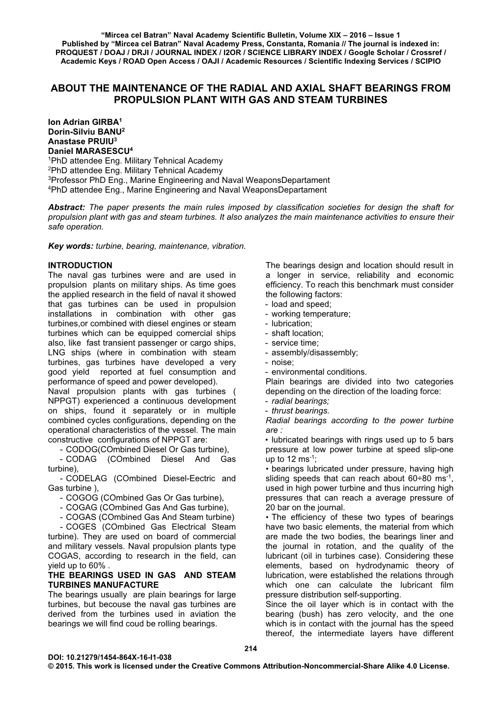 About the Maintenance of the Radial and Axial Shaft Bearings from Propulsion Plant with Gas and Steam Turbines