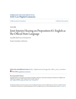 Joint Interim Hearing on Proposition 63: English As the Official State Language Assembly Task Form on Proosition 63