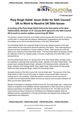 Panj Singh Sahib’ Issue Order for Sikh Council UK to Work to Resolve UK Sikh Issues