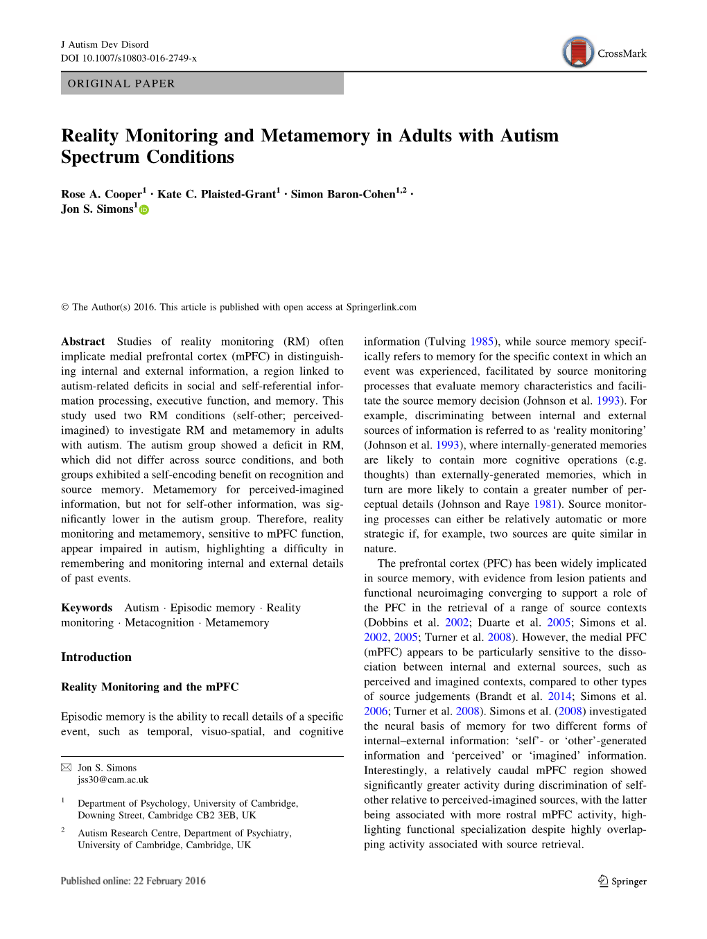 Reality Monitoring and Metamemory in Adults with Autism Spectrum Conditions