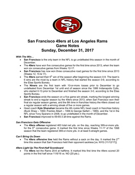 San Francisco 49Ers at Los Angeles Rams Game Notes Sunday, December 31, 2017