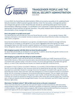 TRANSGENDER PEOPLE and the SOCIAL SECURITY ADMINISTRATION June 2013