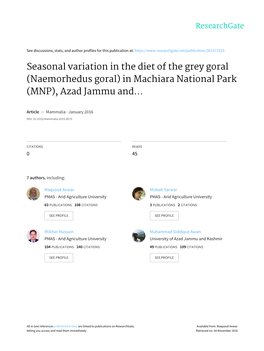 Seasonal Variation in the Diet of the Grey Goral (Naemorhedus Goral) in Machiara National Park (MNP), Azad Jammu And