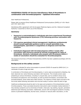 (DHPC): Vaxzevria/COVID-19 Vaccine Astrazeneca: Risk of Thrombosis In