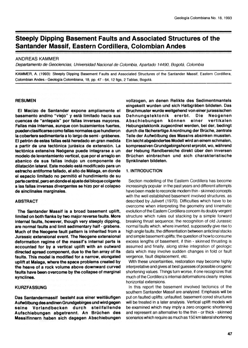 Steeply Dipping Basement Faults and Associated Structures of the Santander Massif, Eastern Cordillera, Colombian Andes