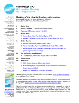 Meeting of the Livable Roadways Committee Hillsborough County MPO Chairman Wednesday, February 26, 2020, 9:00 A.M