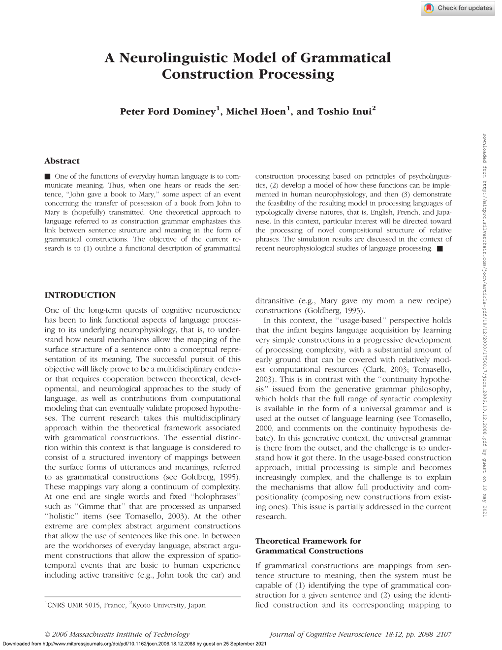 A Neurolinguistic Model of Grammatical Construction Processing