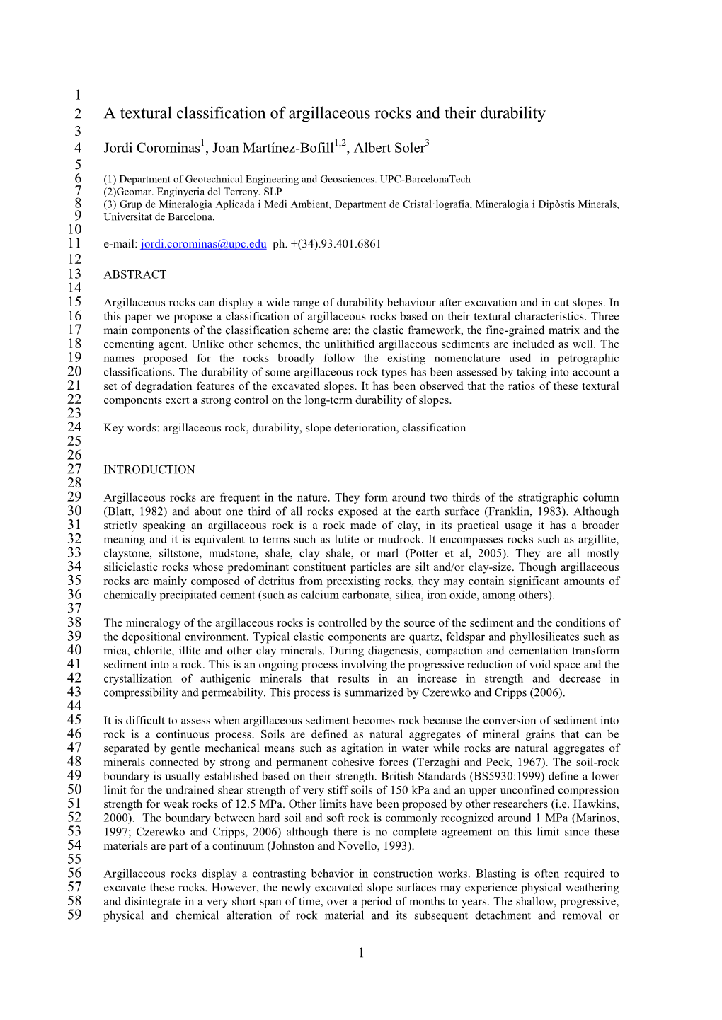 A Textural Classification of Argillaceous Rocks and Their Durability