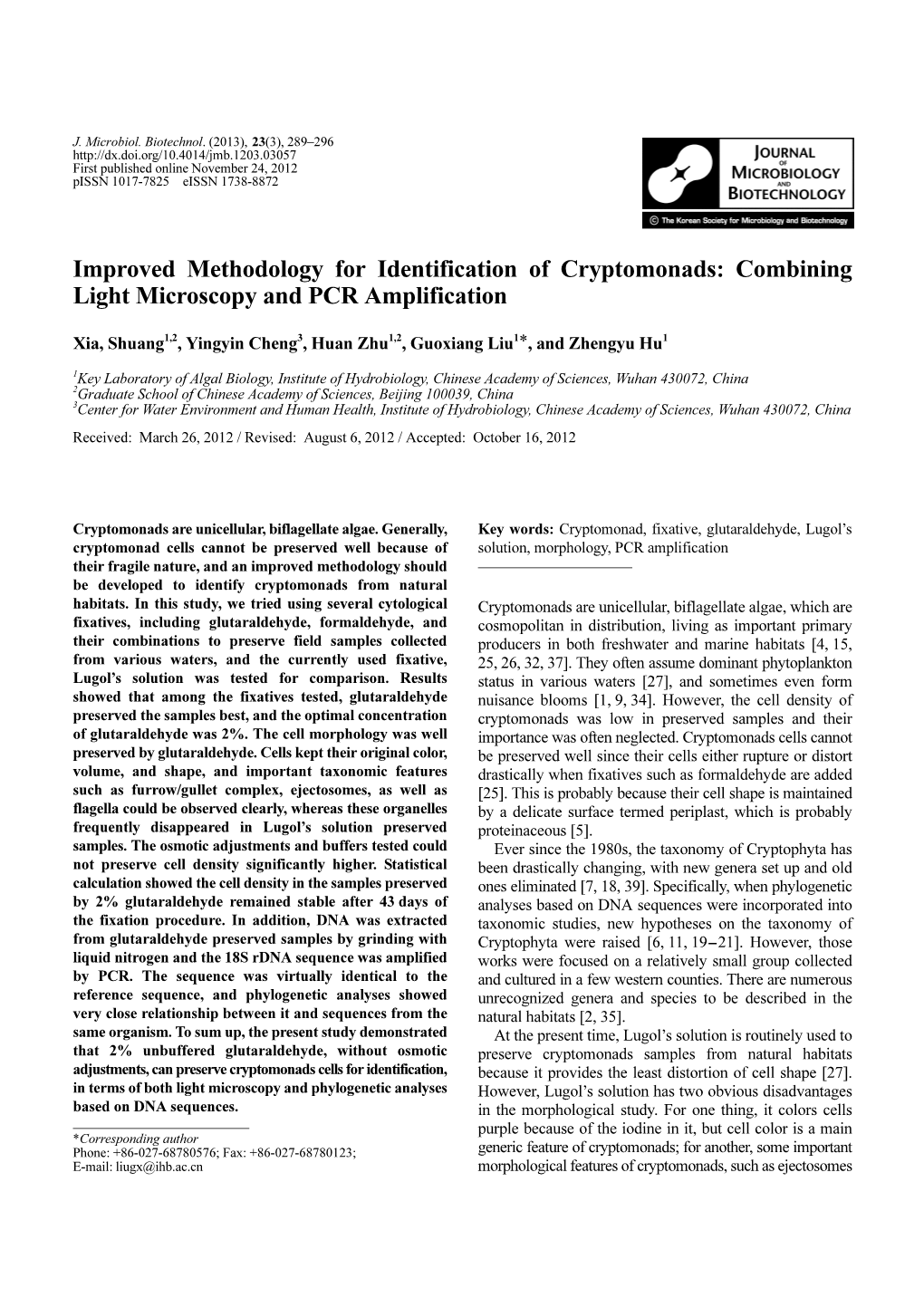 Improved Methodology for Identification of Cryptomonads: Combining Light Microscopy and PCR Amplification