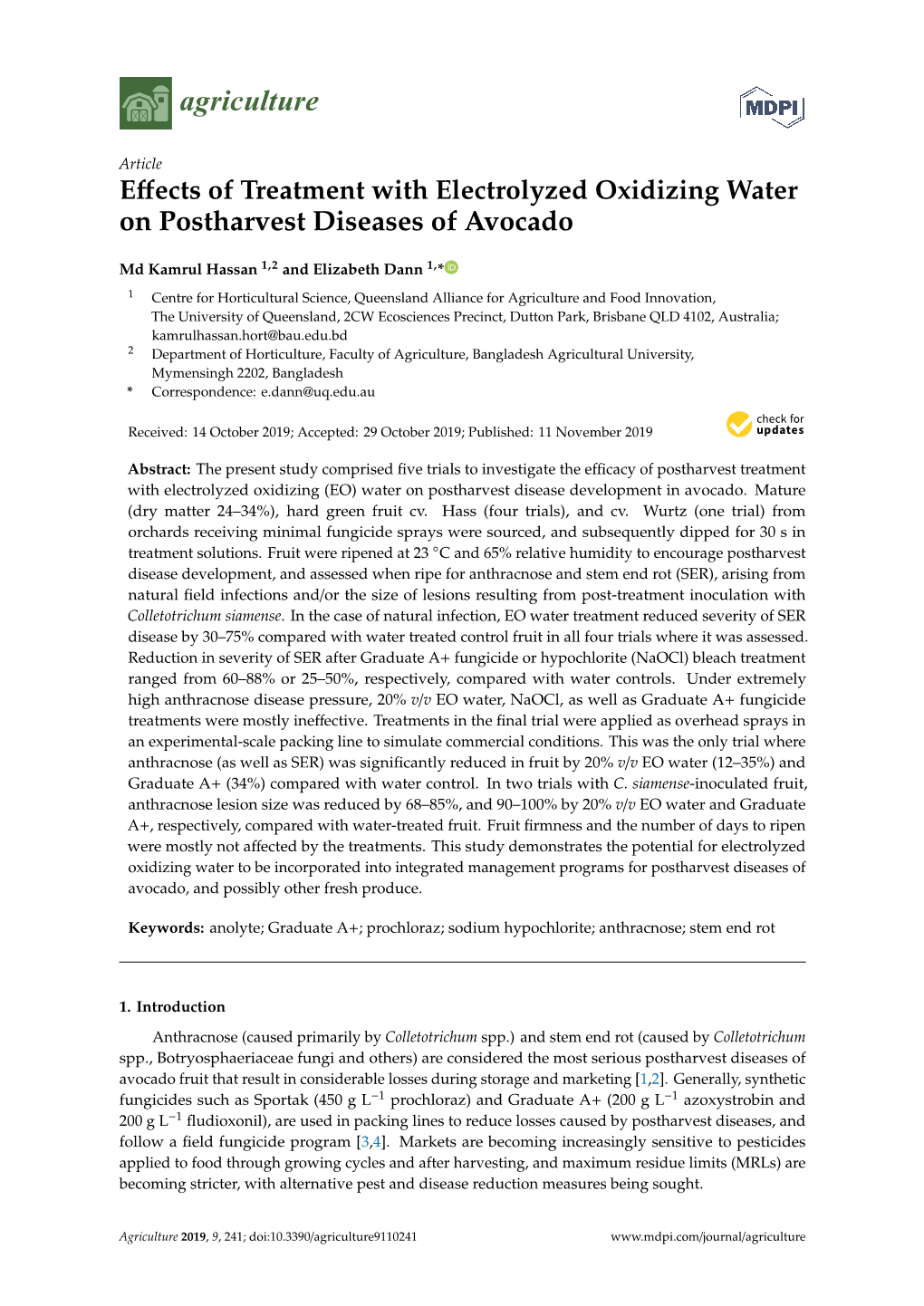 Effects of Treatment with Electrolyzed Oxidizing Water on Postharvest