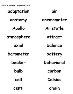 Adaptation Air Anatomy Anemometer Apollo Aristotle Atmosphere Attract Axial Balance Barometer Battery Beaker Behavioral Bulb