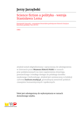 Jerzy Jarzębski Science Fiction a Polityka - Wersja Stanisława Lema