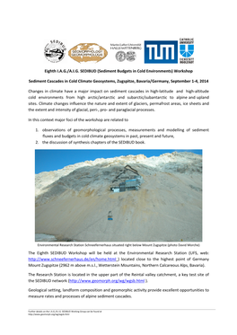 Eighth I.A.G./A.I.G. SEDIBUD (Sediment Budgets in Cold Environments) Workshop Sediment Cascades in Cold Climate Geosystems