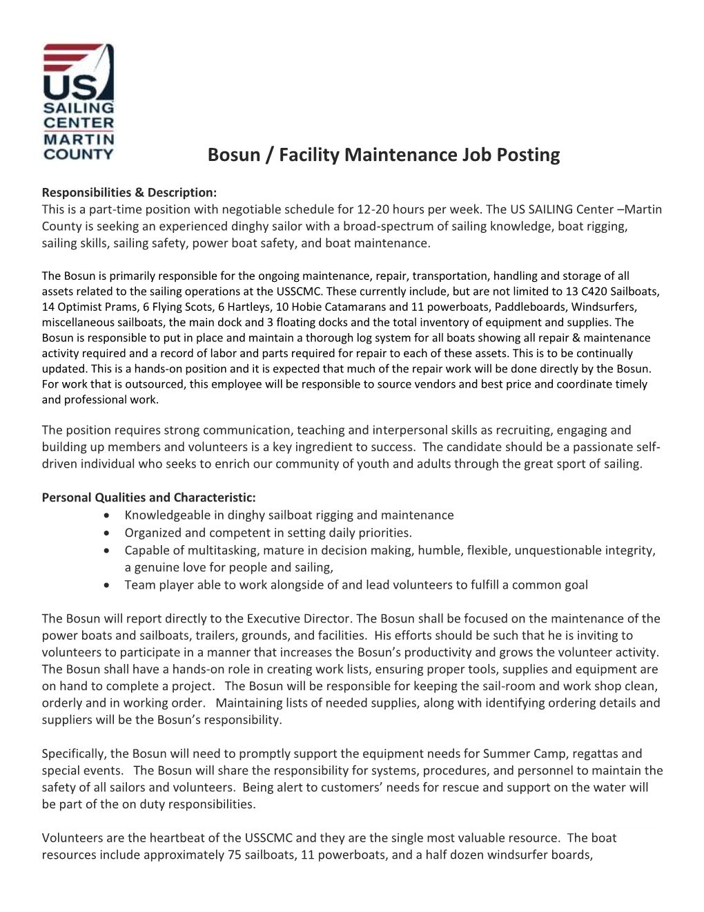 Bosun / Facility Maintenance Job Posting