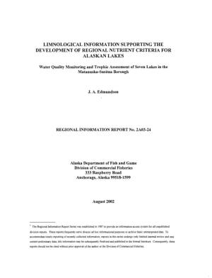 Limnological Information Supporting the Development of Regional Nutrient Criteria for Alaskan Lakes