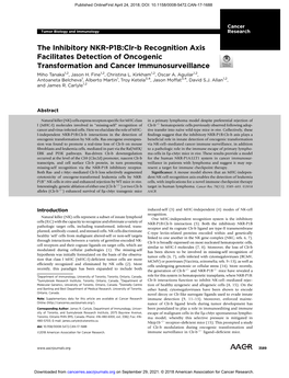 The Inhibitory NKR-P1B:Clr-B Recognition Axis Facilitates Detection of Oncogenic Transformation and Cancer Immunosurveillance Miho Tanaka1,2, Jason H