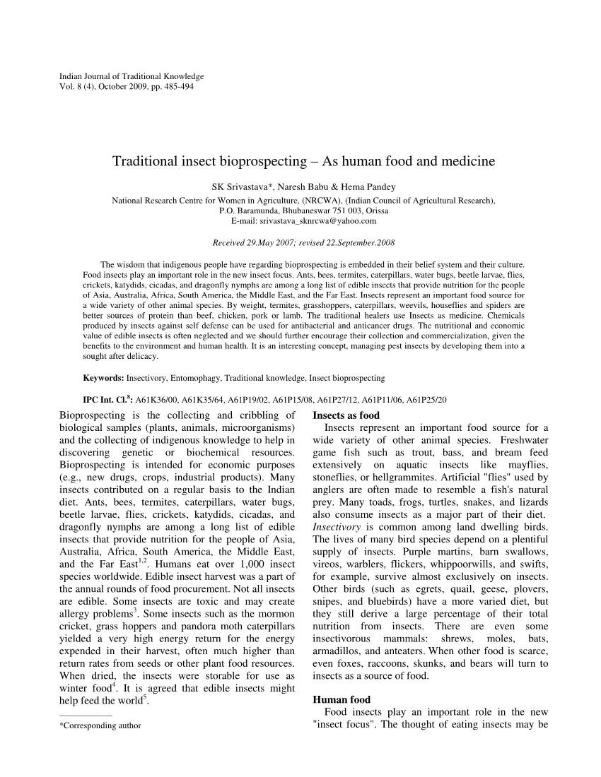 Traditional Insect Bioprospecting – As Human Food and Medicine