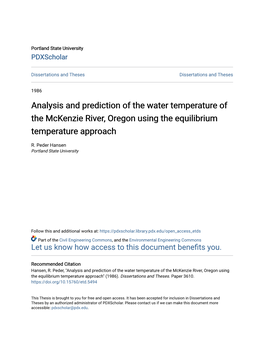 Analysis and Prediction of the Water Temperature of the Mckenzie River, Oregon Using the Equilibrium Temperature Approach