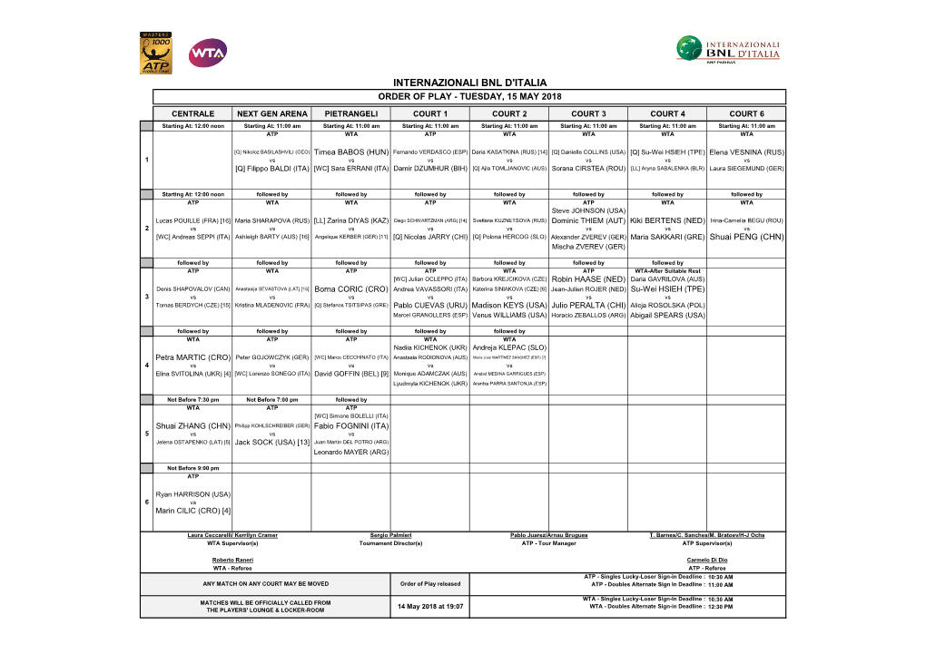 Internazionali Bnl D'italia Order of Play - Tuesday, 15 May 2018