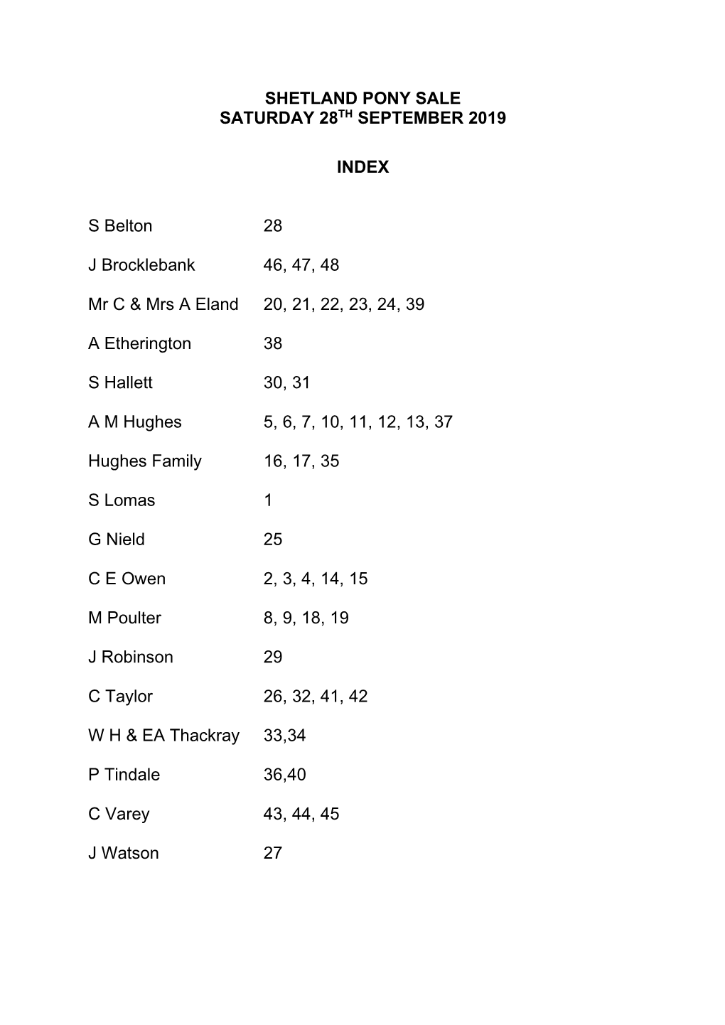 Shetland Pony Sale Saturday 28Th September 2019 Index S