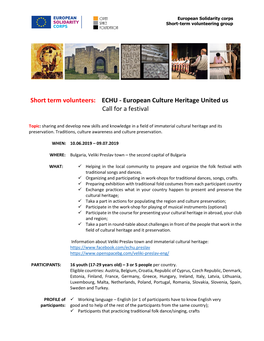 Short Term Volunteers: ECHU - European Culture Heritage United Us Call for a Festival