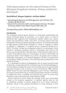 Field Observations on the Natural History of the Malagasy Hingeback Tortoise, Kinixys Zombensis Domerguei