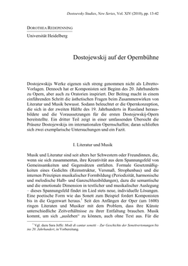 Dorothea Redepenning: Dostojewskij Auf Der Opernbühne