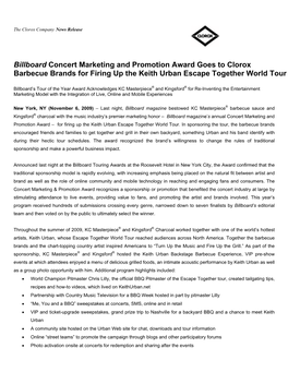 Billboard Concert Marketing and Promotion Award Goes to Clorox Barbecue Brands for Firing up the Keith Urban Escape Together World Tour