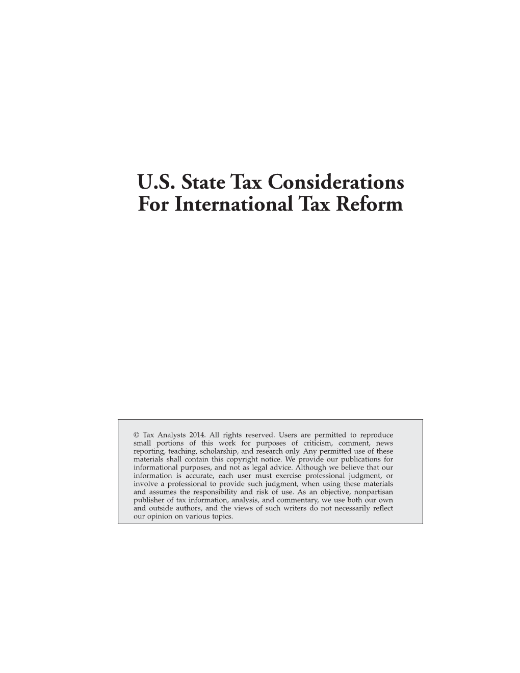 U.S. State Tax Considerations for International Tax Reform