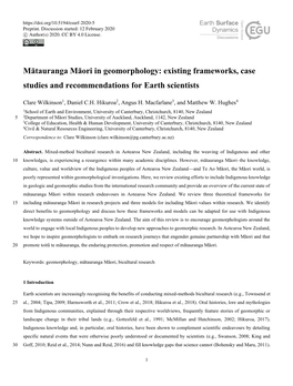 Mātauranga Māori in Geomorphology: Existing Frameworks, Case Studies and Recommendations for Earth Scientists