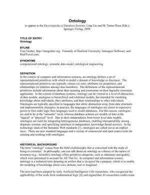 Ontology to Appear in the Encyclopedia of Database Systems, Ling Liu and M