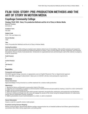 FILM-1020: Story: Pre-Production Methods and the Art of Story in Motion Media 1