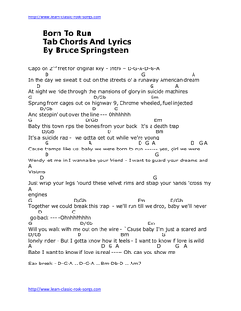 Born to Run Tab Chords and Lyrics by Bruce Springsteen