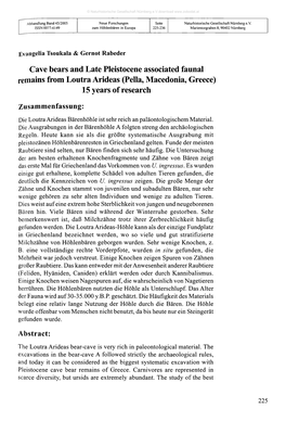 Cave Bears and Late Pleistocene Associated Faunal Remains from Loutra Arideas (Pella, Macedonia, Greece) 15 Years of Research