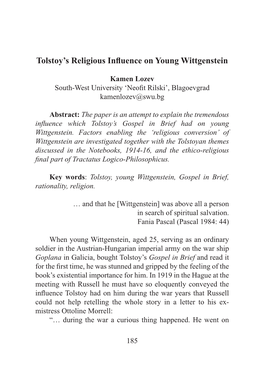 Tolstoy's Religious Influence on Young Wittgenstein