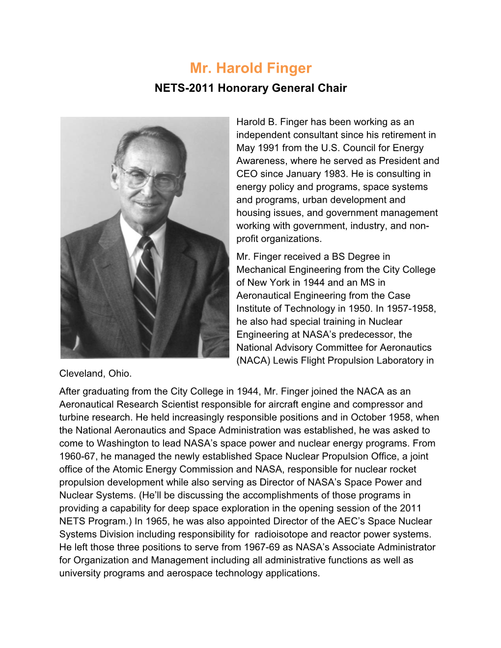 Mr. Harold Finger NETS-2011 Honorary General Chair