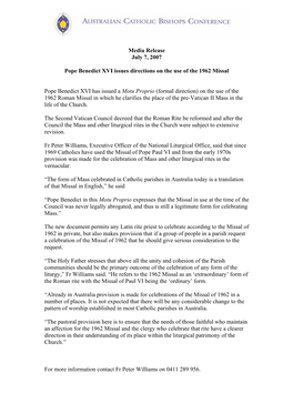 Media Release July 7, 2007 Pope Benedict XVI Issues Directions On