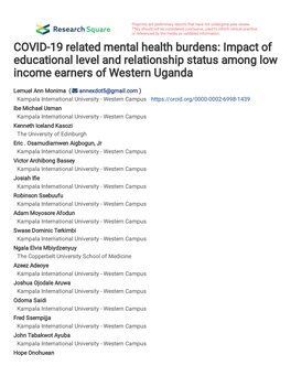 COVID-19 Related Mental Health Burdens: Impact of Educational Level and Relationship Status Among Low Income Earners of Western Uganda