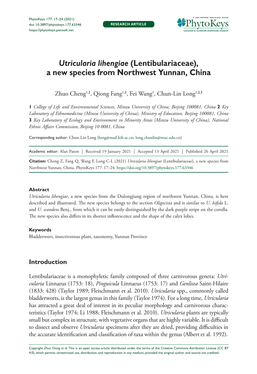 Utricularia Lihengiae (Lentibulariaceae), a New Species from Northwest Yunnan, China