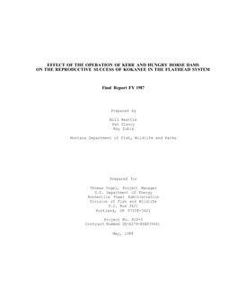 Effect of the Operation of Kerr and Hungry Horse Dams on the Reproductive Success of Kokanee in the Flathead System