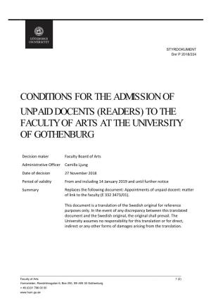 Conditions for the Admission of Unpaid Docents (Readers) to the Faculty of Arts at the University of Gothenburg