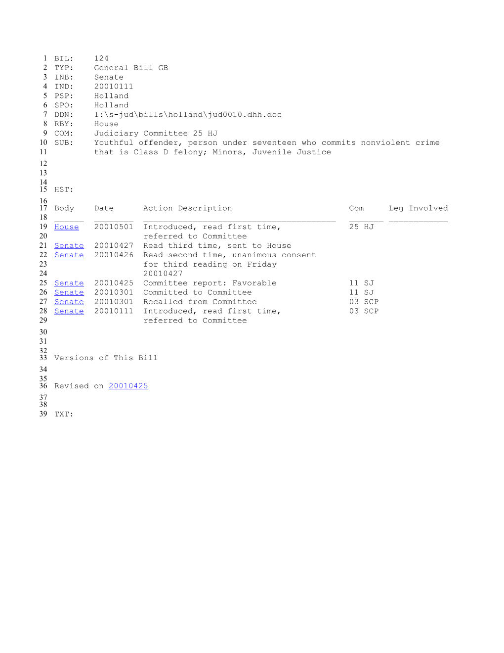 2001-2002 Bill 124: Youthful Offender, Person Under Seventeen Who Commits Nonviolent Crime