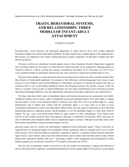 Traits, Behavioral Systems, and Relationships: Three Models of Infant-Adult Attachment