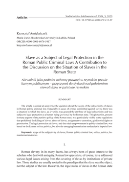 Slave As a Subject of Legal Protection in the Roman Public Criminal Law: a Contribution to the Discussion on the Situation of Slaves in the Roman State