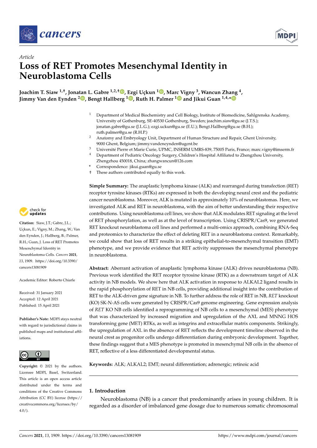 Loss of RET Promotes Mesenchymal Identity in Neuroblastoma Cells