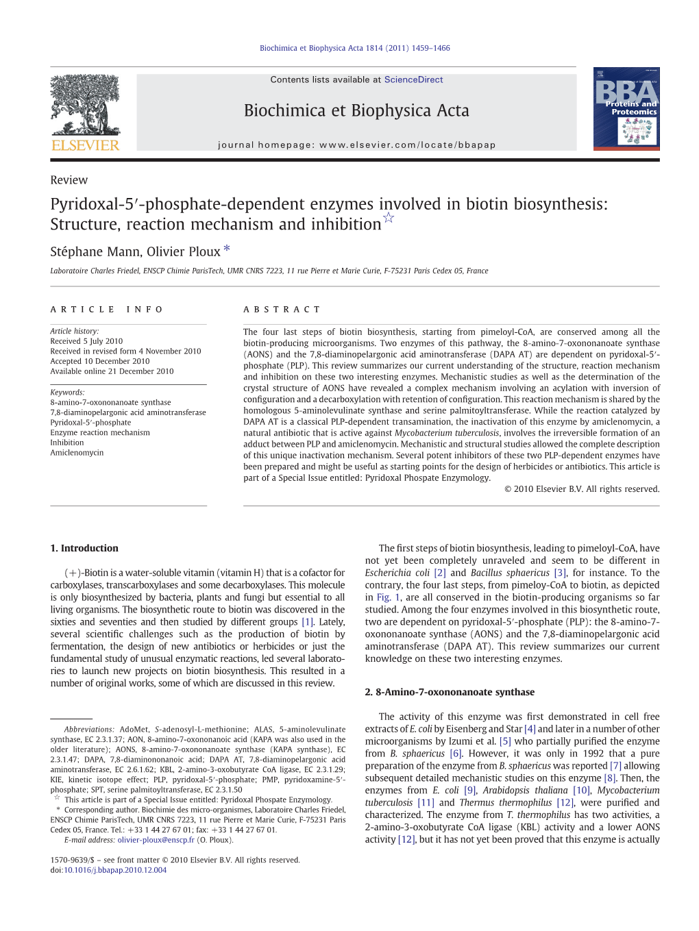 Phosphate-Dependent Enzymes Involved in Biotin Biosynthesis: Structure, Reaction Mechanism and Inhibition☆